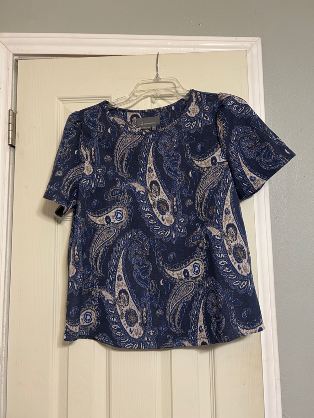 Anthropologie blue paisley metallic top
